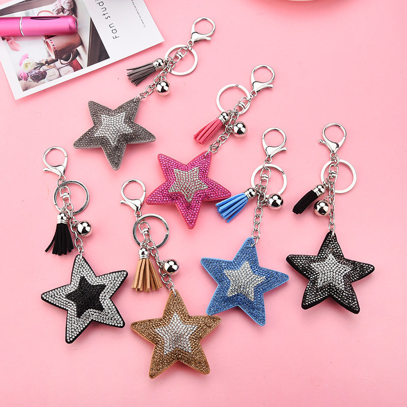 Wholesale Creative two-color diamond velvet five-pointed star tassel keychain